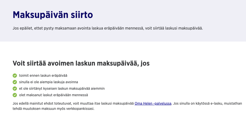 Helen sähkölaskun eräpäivän siirto