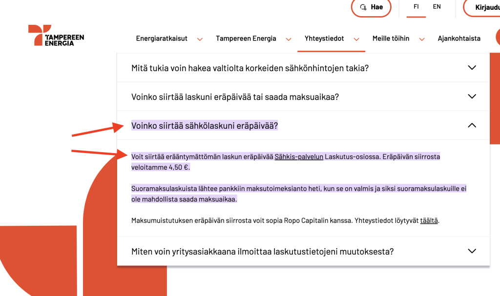 Eräpäivänsiirto Tampereen Energia